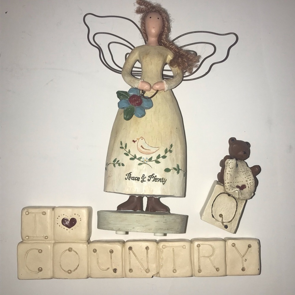 Small Decor 3 Piece Lot Country Angel, I Love Country Plaque, Small Bear Block